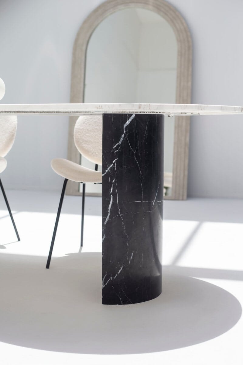 Dakota Greek Calacatta Marble Oval Dining Table With Black Marquina Half Moon Legs - Image 3