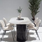 Dakota Greek Calacatta Marble Oval Dining Table With Black Marquina Half Moon Legs