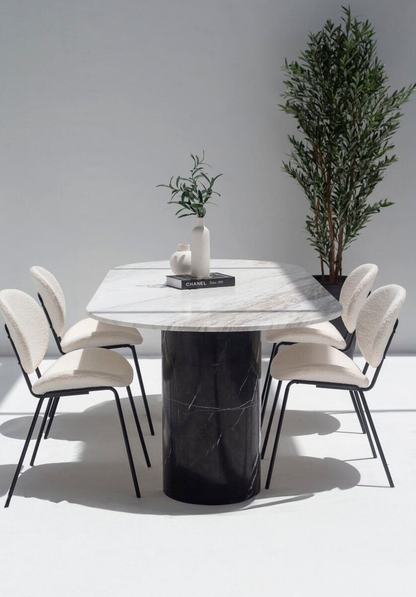 Dakota Greek Calacatta Marble Oval Dining Table With Black Marquina Half Moon Legs - Image 5