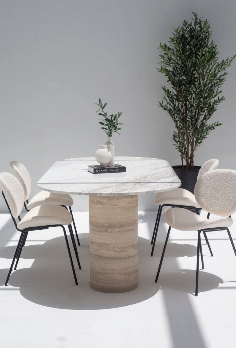 Meliora Greek Calacatta Marble Oval Dining Table With Travertine Base