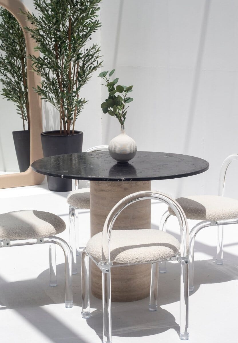 Cynthia Black Marquina Marble Dining Table with Travertine Base
