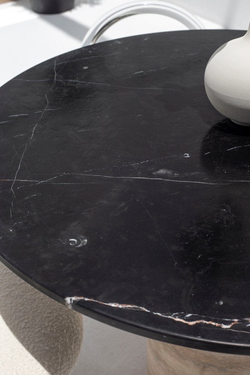 Cynthia Black Marquina Marble Dining Table with Travertine Base - Image 2