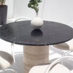 Cynthia Black Marquina Marble Dining Table with Travertine Base
