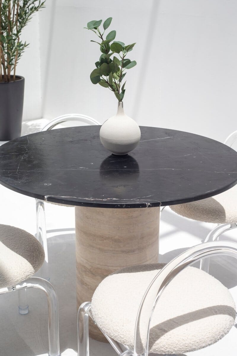 Cynthia Black Marquina Marble Dining Table with Travertine Base - Image 4
