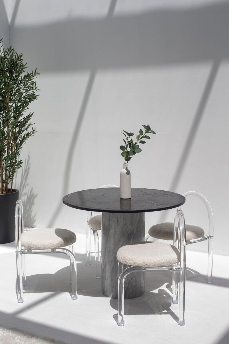 Cynthia Black Marquina Marble Dining Table with Bianco Joya Base