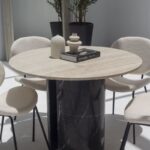 Orithyia Travertine Dining Table With Marquina Base