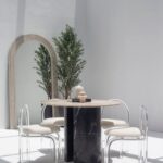 Orithyia Travertine Dining Table With Marquina Base
