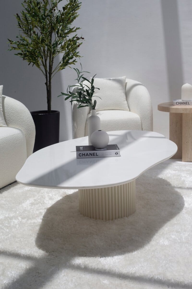 Artemisia White Quartz Irregular Coffee Table with Beige Base