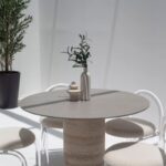 Cynthia Grey Dekton Dining Table with Travertine Base