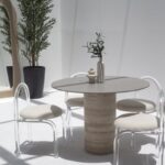 Cynthia Grey Dekton Dining Table with Travertine Base