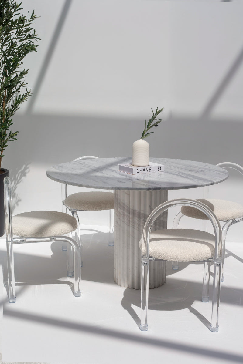 Cornelia Bianco Joya Marble Dining Table With White Fluted Marble Base