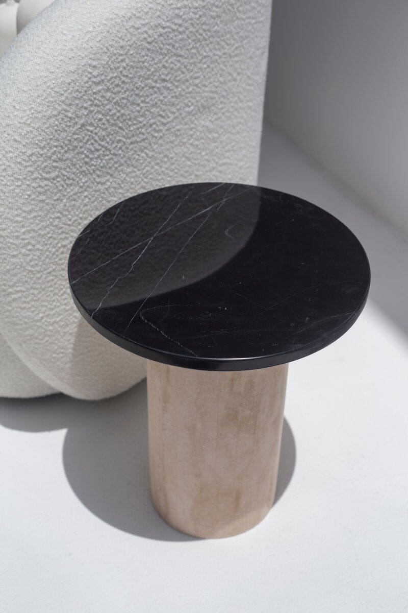 Harriet Black Marquina Side Table with Travertine Base - Image 3