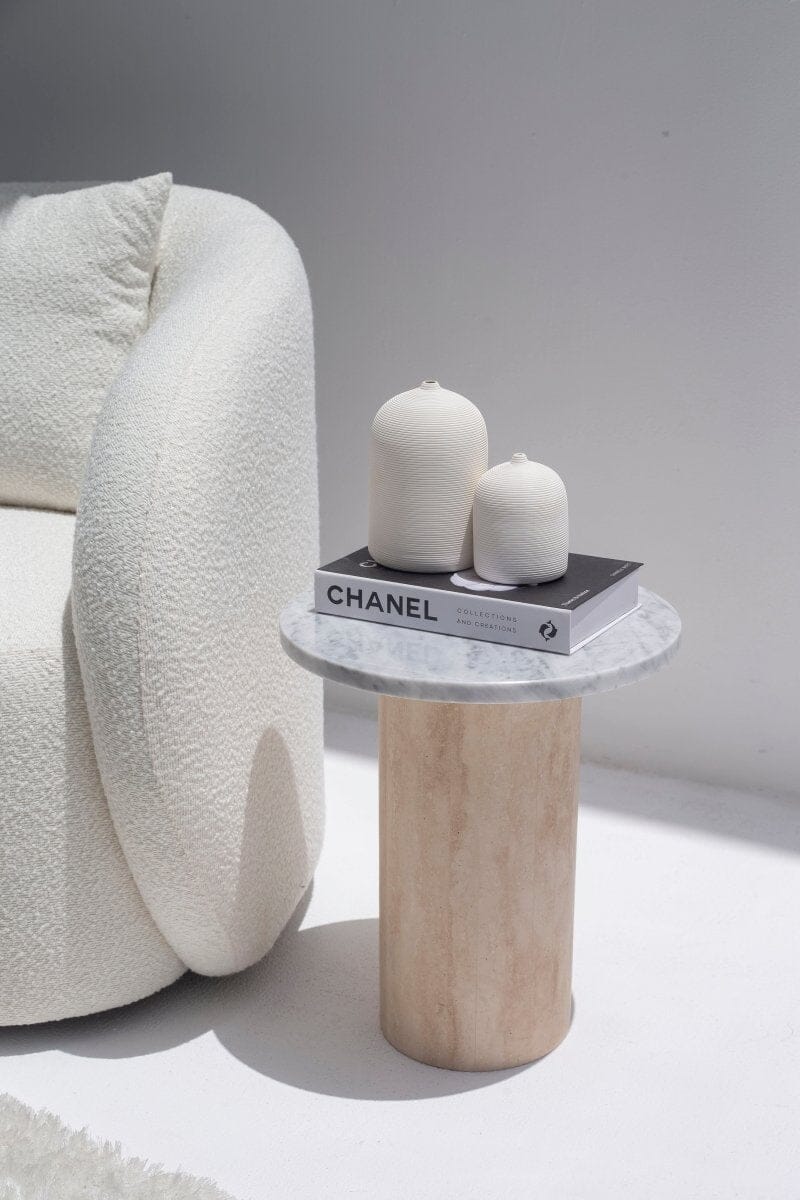 Harriet Carrara Marble Side Table with Travertine Base