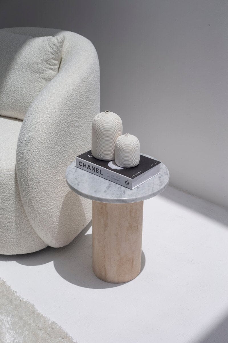 Harriet Carrara Marble Side Table with Travertine Base - Image 4