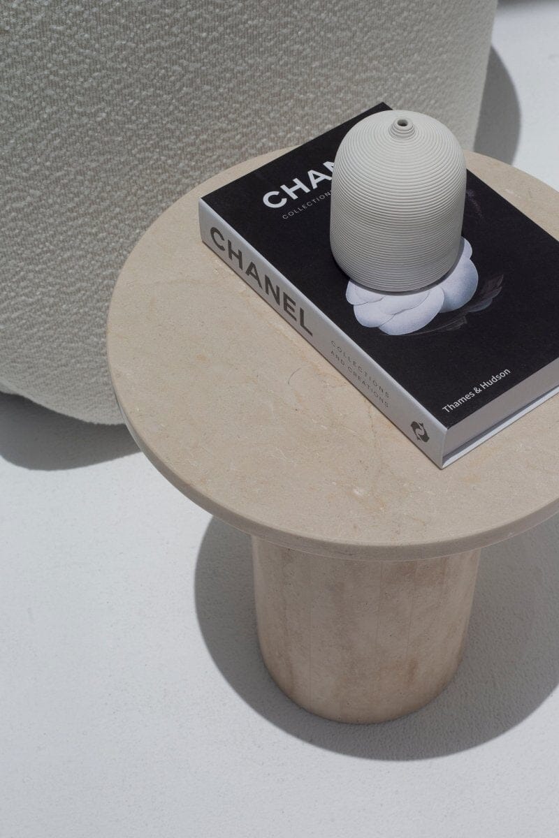 Harriet Crema Marfil Side Table with Travertine Base - Image 3