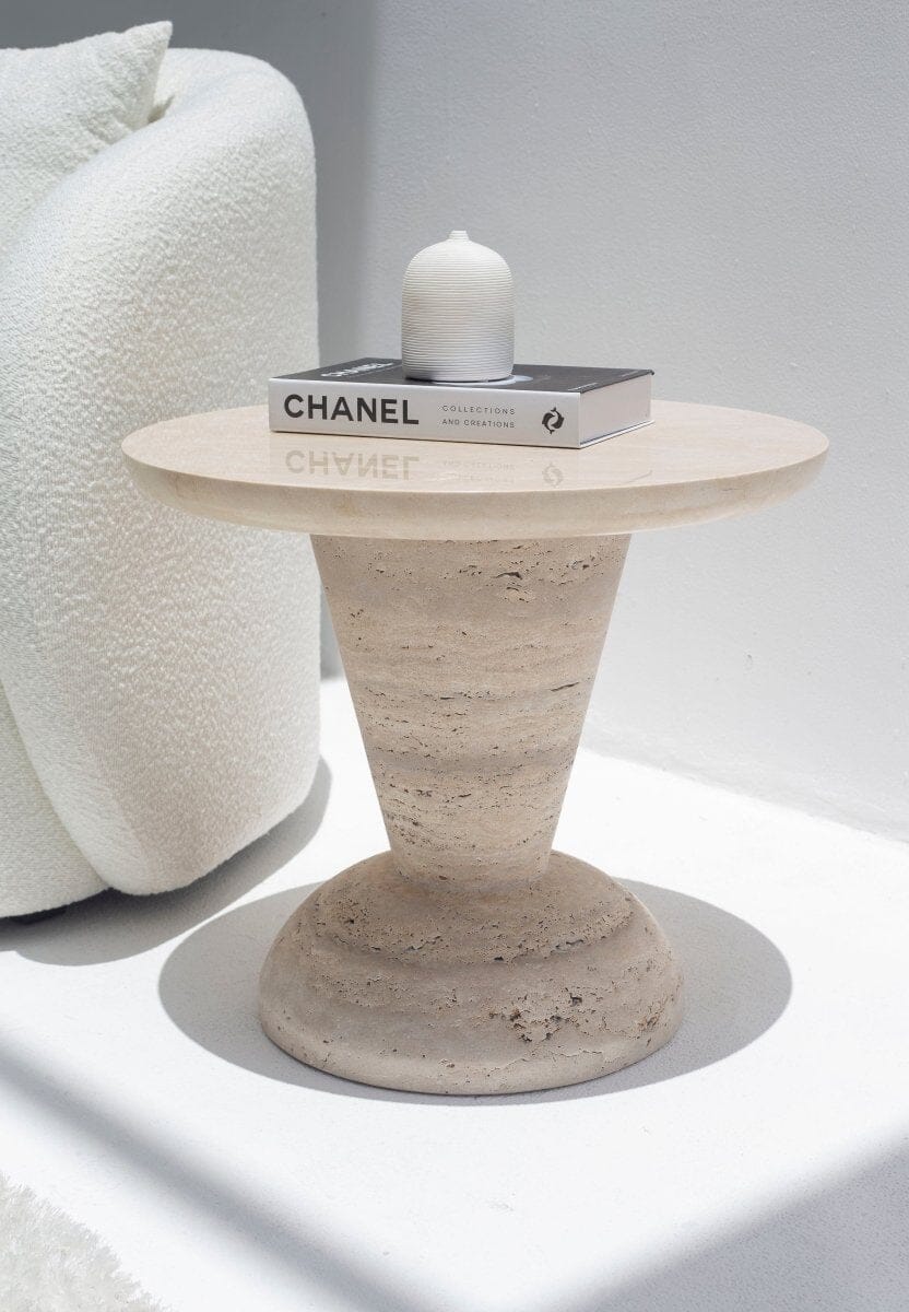 Heather Crema Marble Side Table with Solid Travertine Base - Image 2