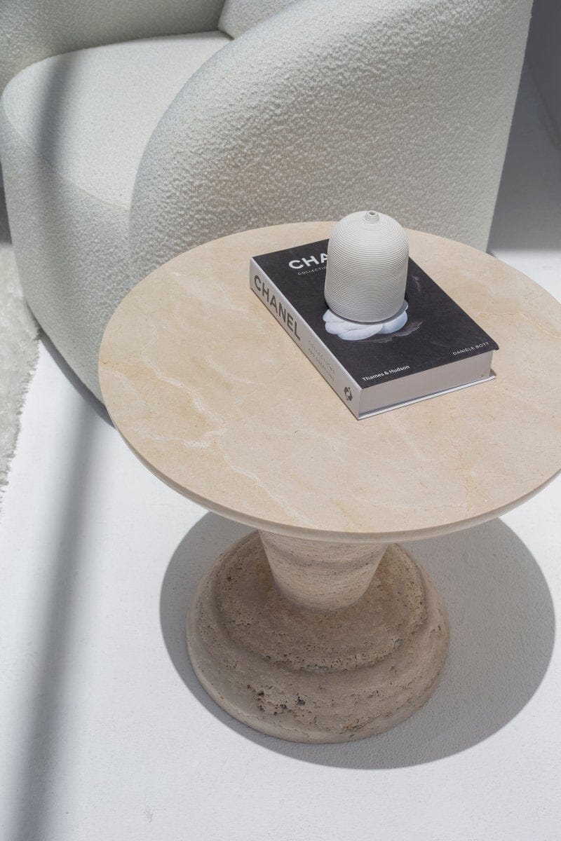 Heather Crema Marble Side Table with Solid Travertine Base - Image 3