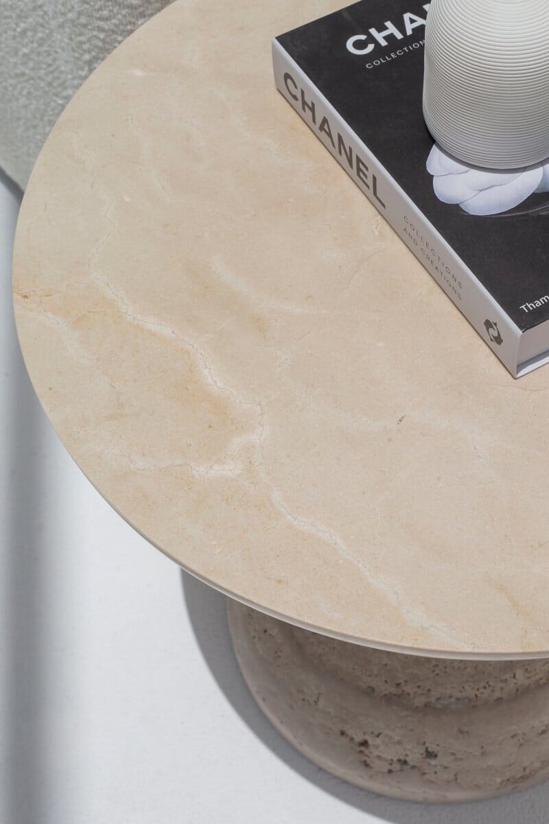 Heather Crema Marble Side Table with Solid Travertine Base - Image 5