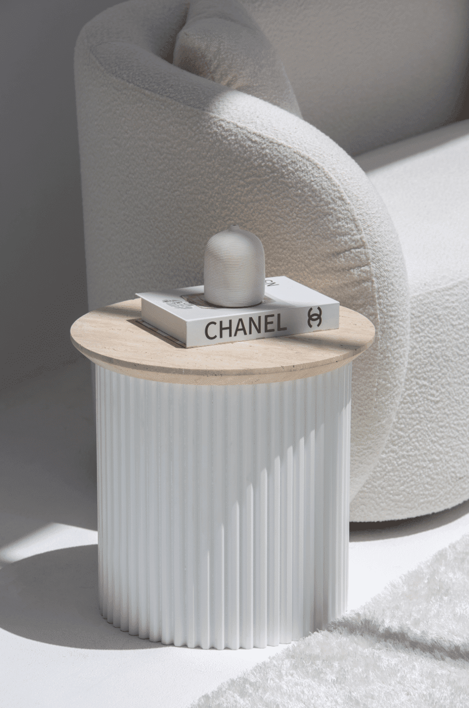 Lauren Beige Travertine Side Table with White Base - Image 2