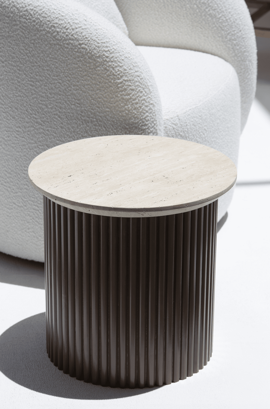Lauren Beige Travertine Side Table with Brown Base - Image 2