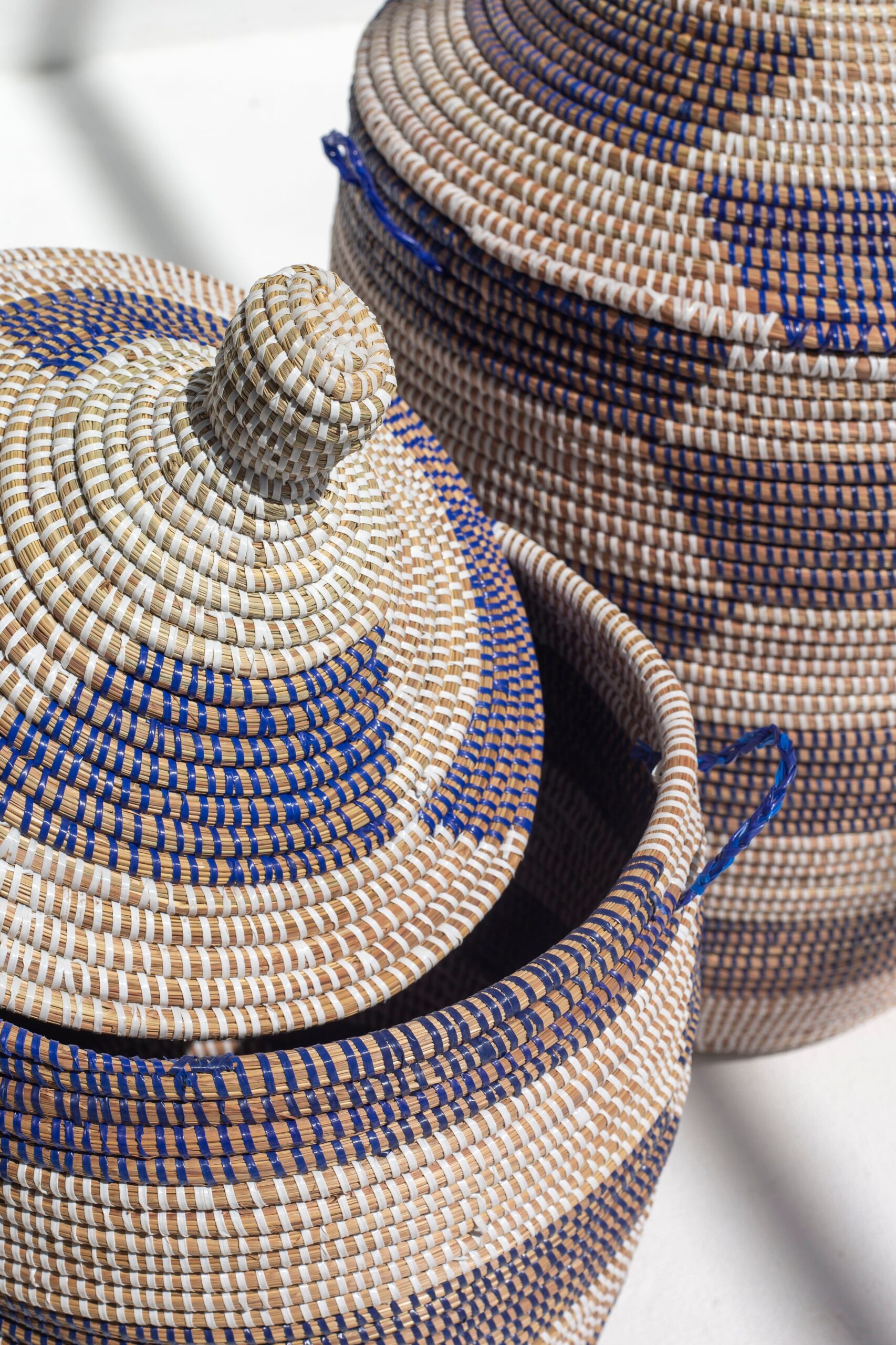 Maisha Blue & White Spiral Patterned Handmade Basket - Image 2