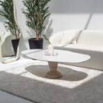 Berta Oval Irregular White Quartz Top Coffee Table with Solid Travertine Base