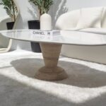 Berta Oval Irregular White Quartz Top Coffee Table with Solid Travertine Base