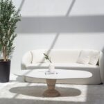 Berta Oval Irregular White Quartz Top Coffee Table with Solid Travertine Base