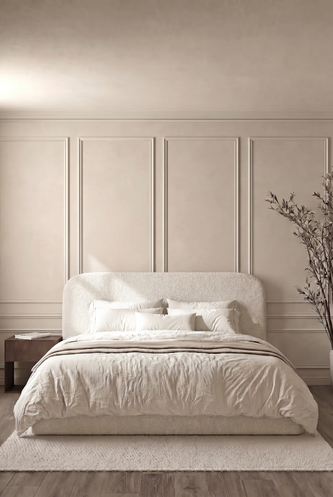 Asli Cream Boucle Fabric Bed with Rounded Corners Headboard