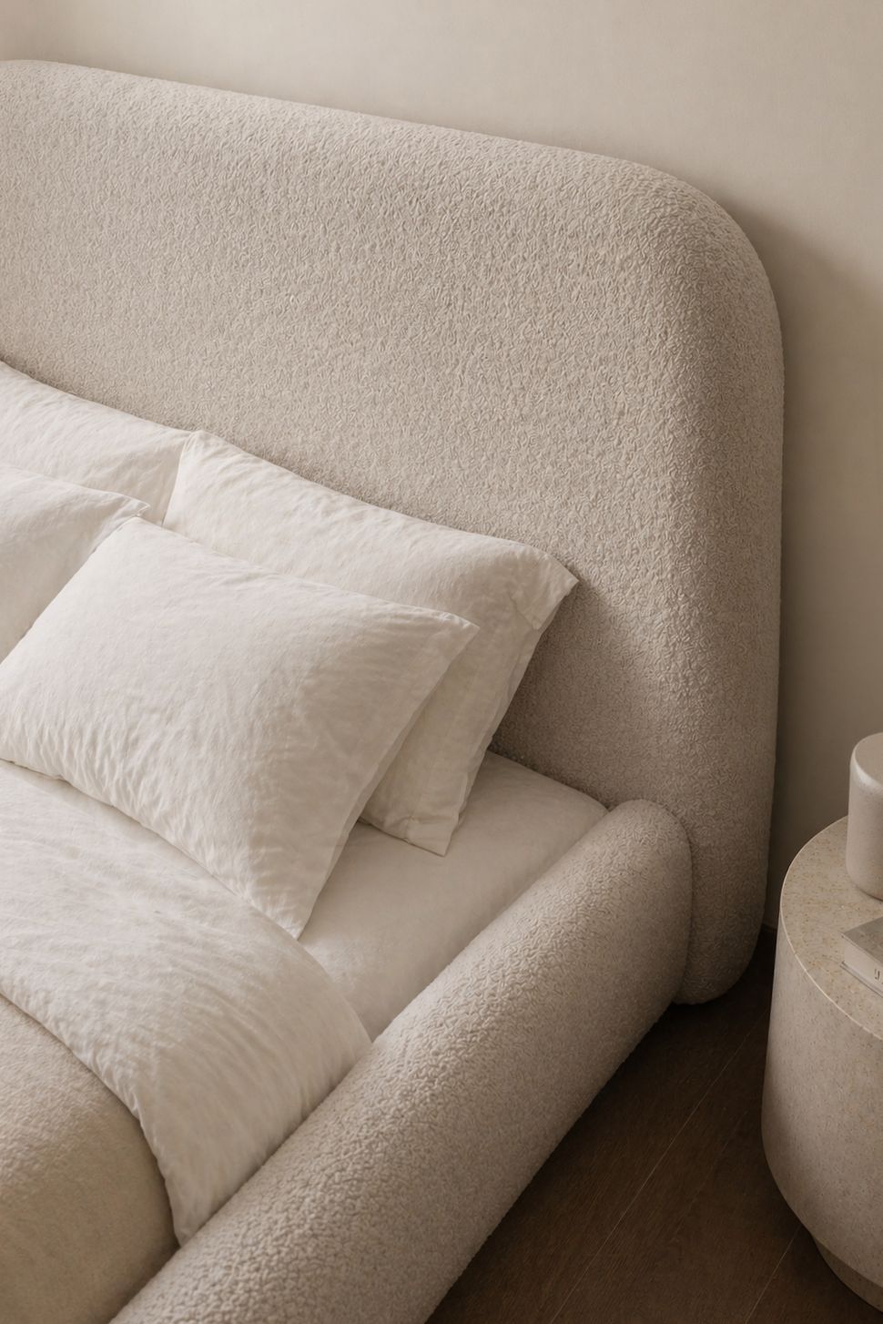 Asli Cream Boucle Fabric Bed with Rounded Corners Headboard - Image 2