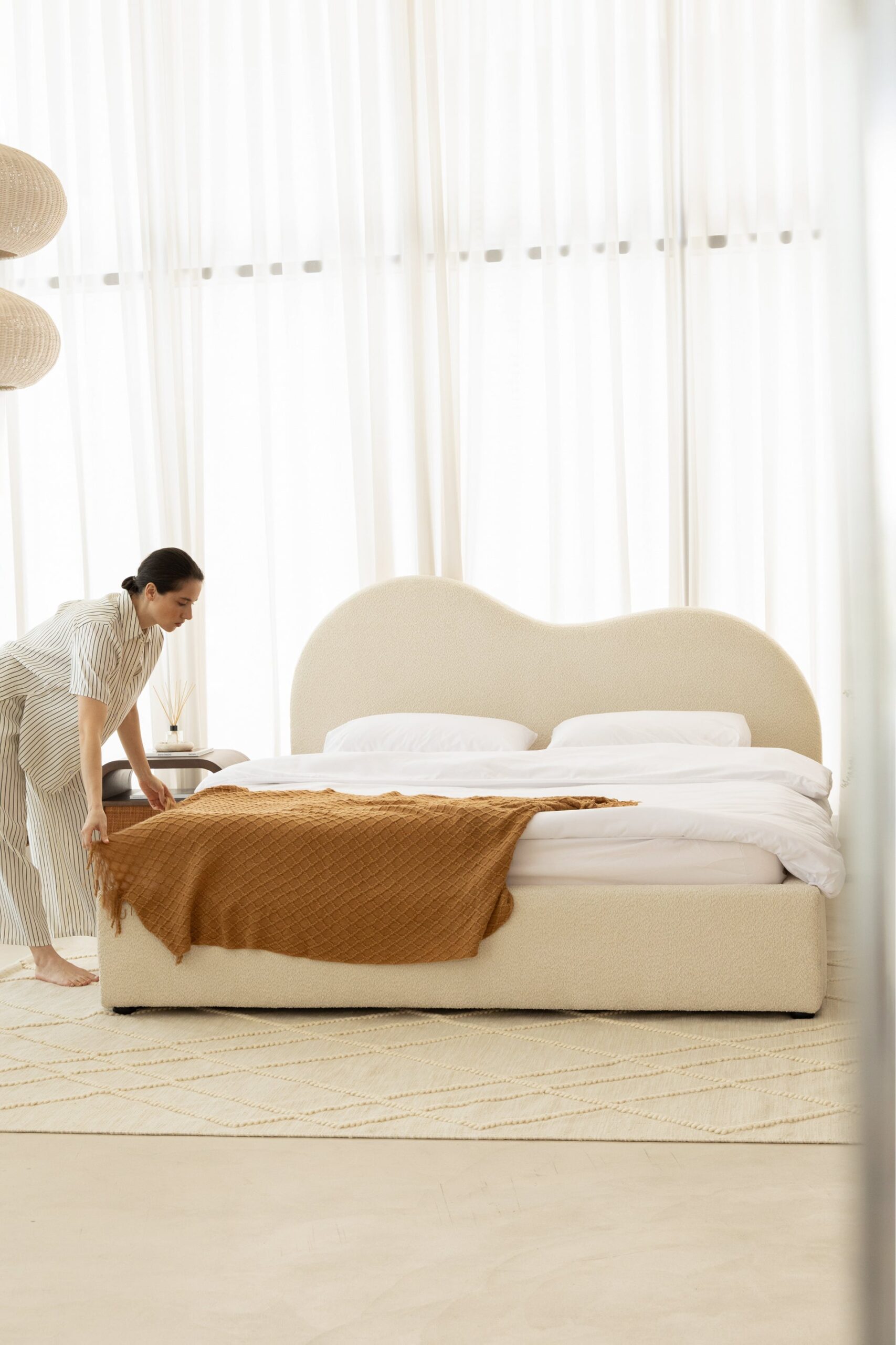 Serenade Cream Boucle Fabric Bed with Wavy Headboard
