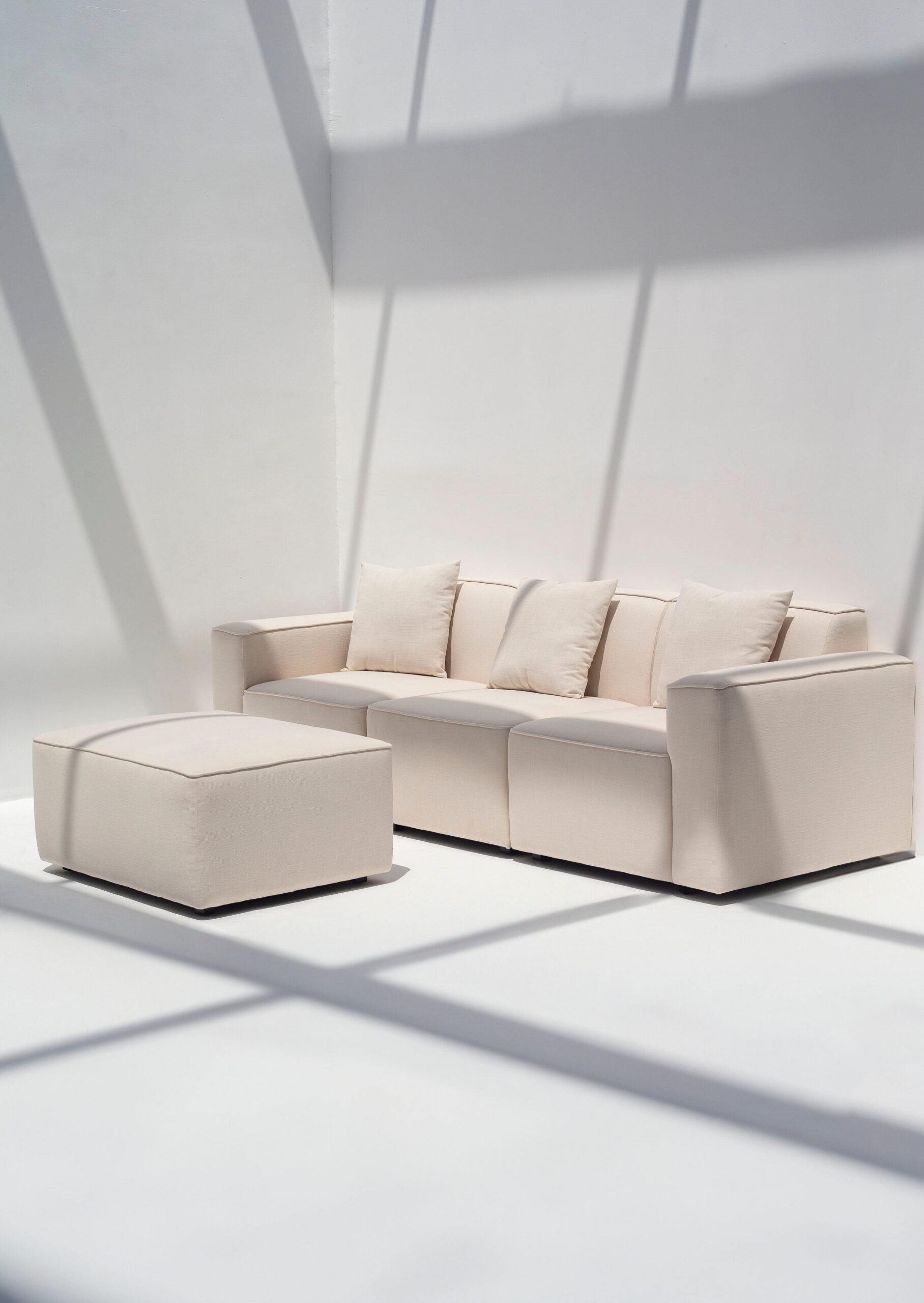 Aysun Cream Linen Modular Sofa with Ottoman
