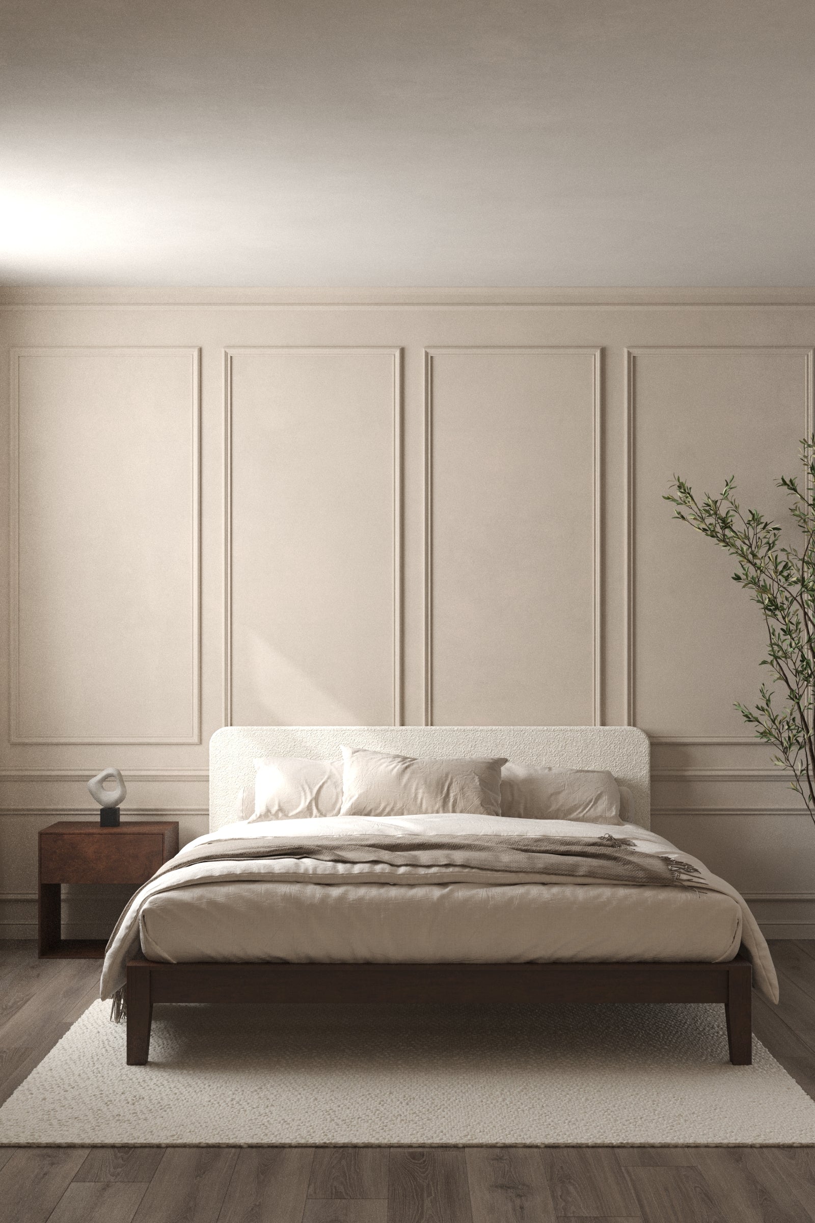 Hinata Japanese Joinery Boucle Dark Wood Bed