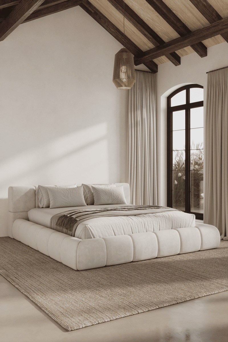 Mirela Off White Velvet Upholstered Platform Bed