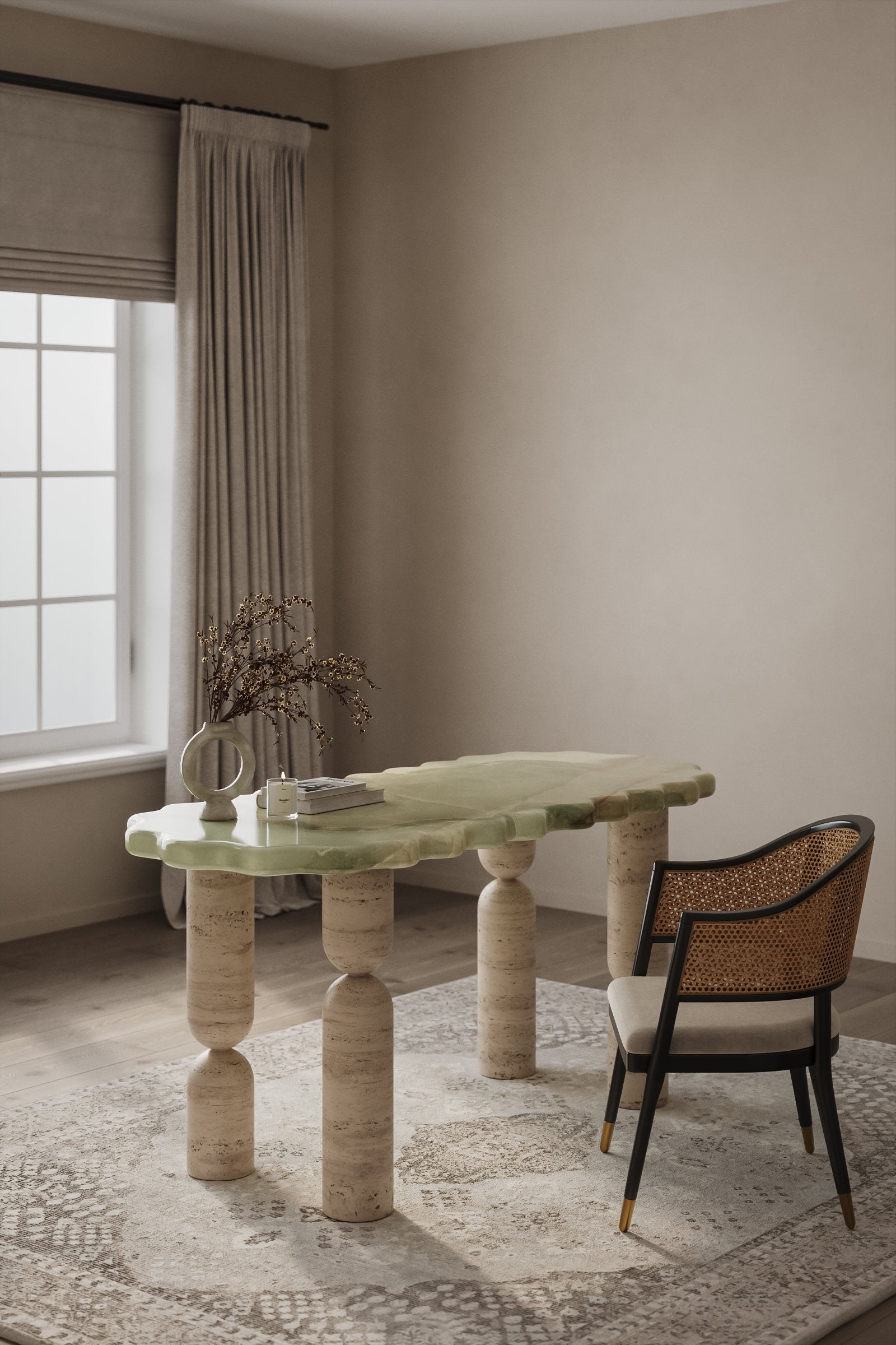 Kisner Green Onyx Marble Desk With Travertine Legs - Image 3