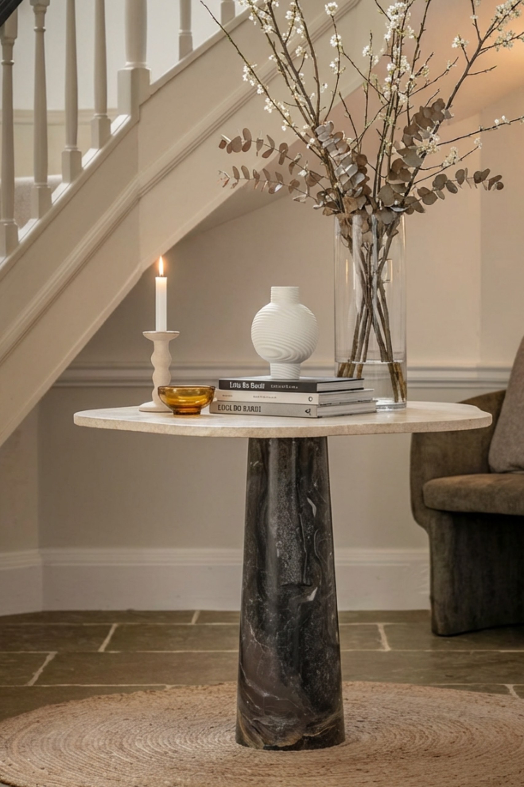 Eclisse Travertine Top Dining Table with Orobico Grey Base