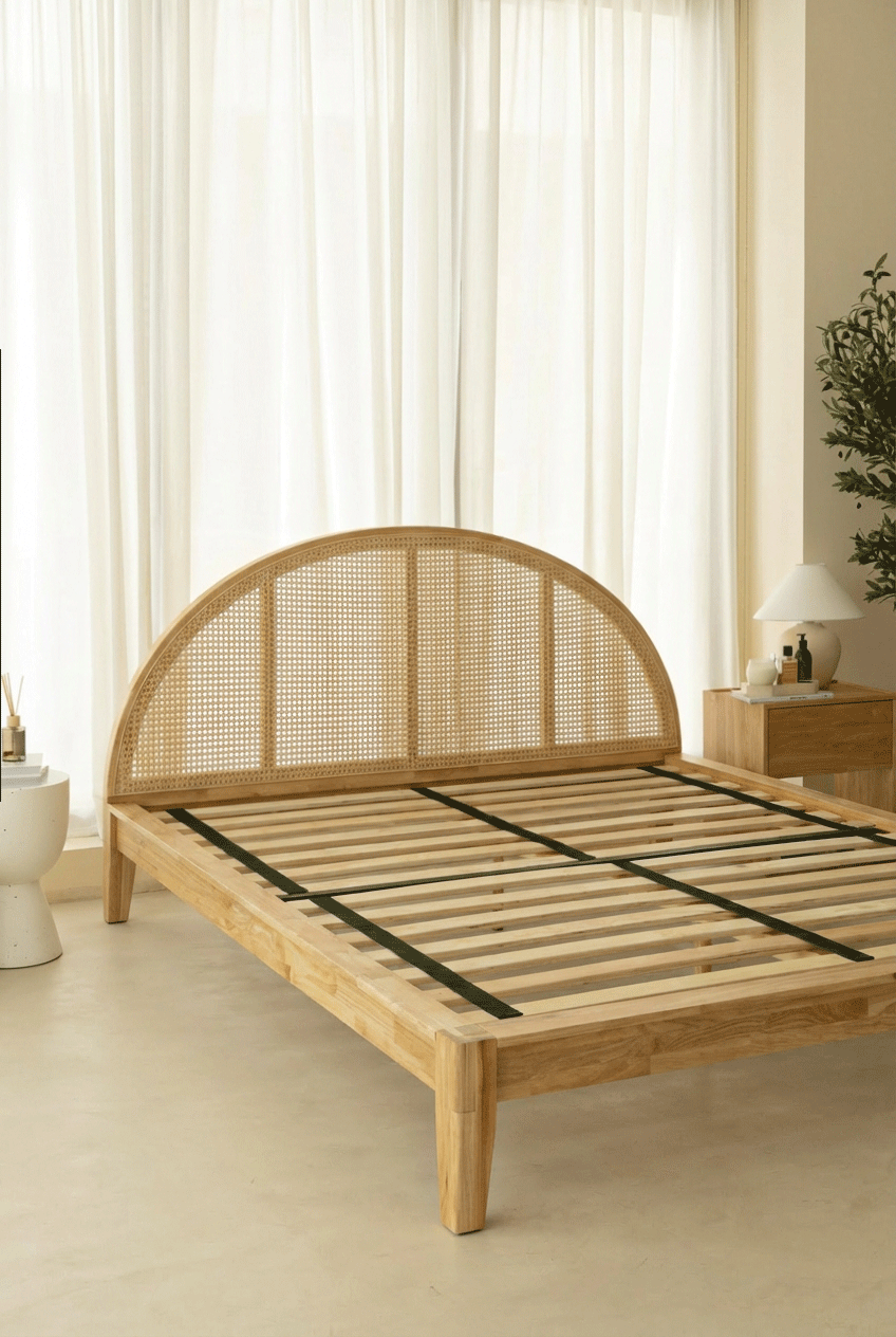 Maron Japanese Joinery Rattan Arch Light Wooden Bed - Image 10