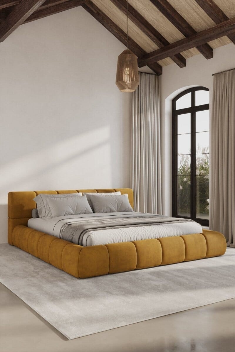 Mirela Mustard Upholstered Platform Bed