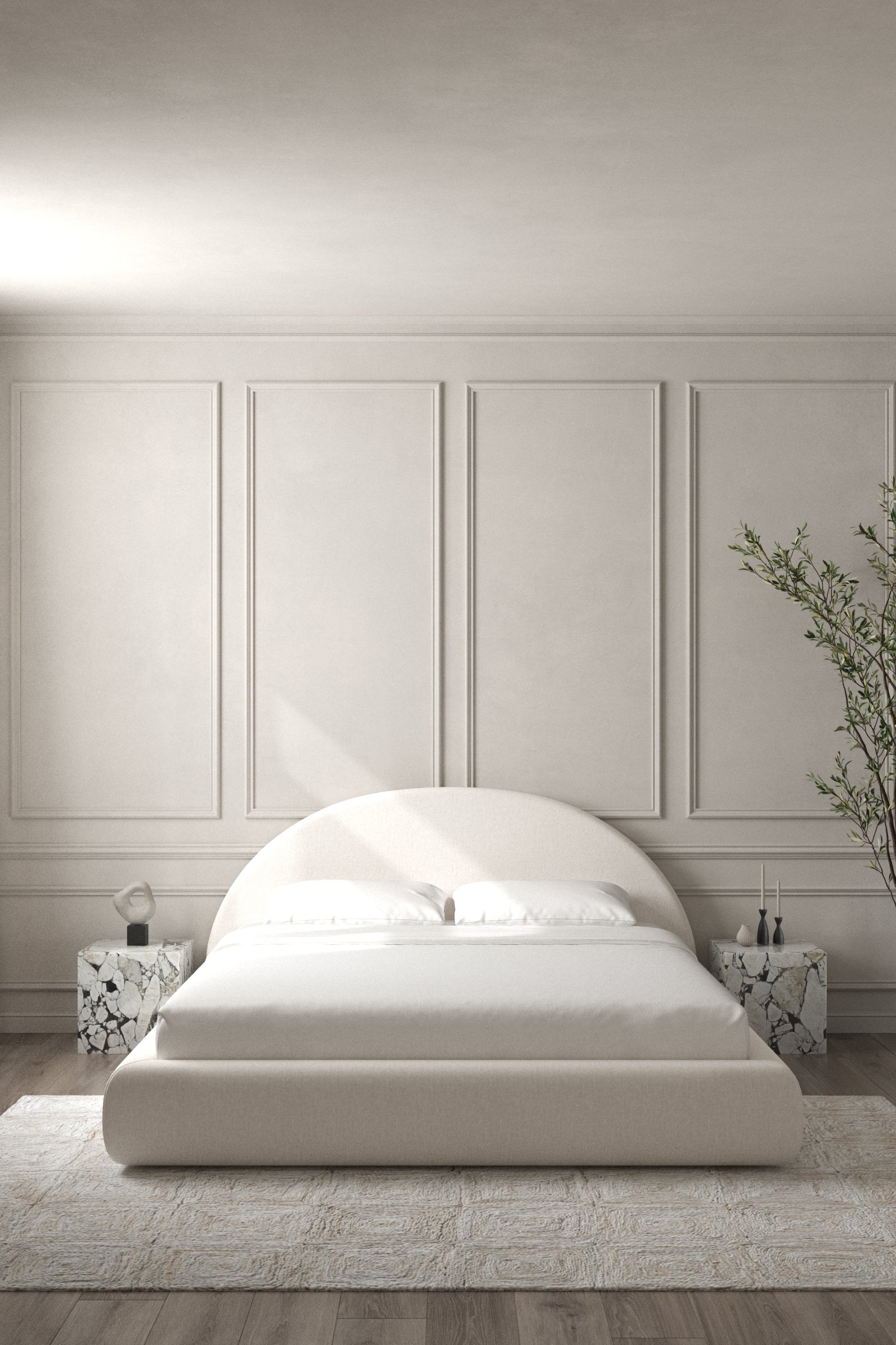 Elodie Stone Ivory Fabric Bed with Arch Headboard