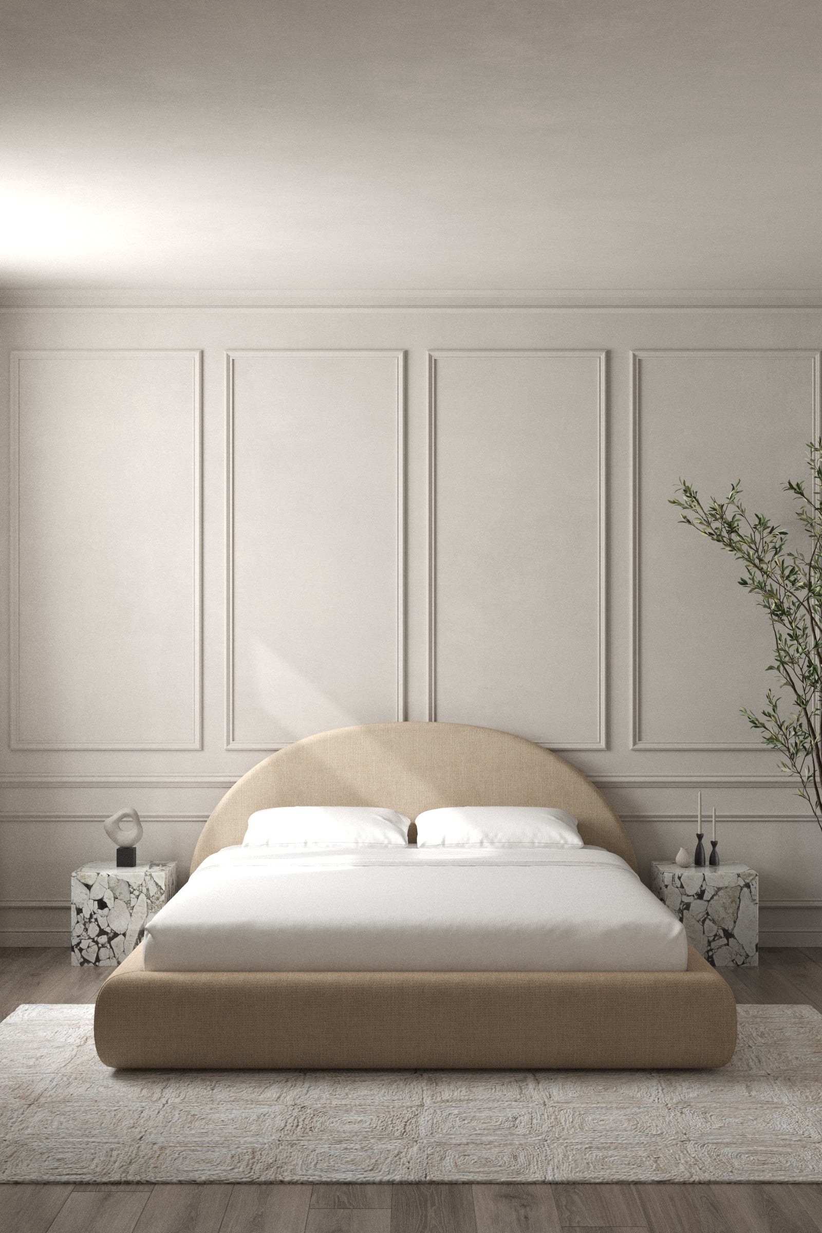 Elodie Creamstone Glow Fabric Bed with Arch Headboard