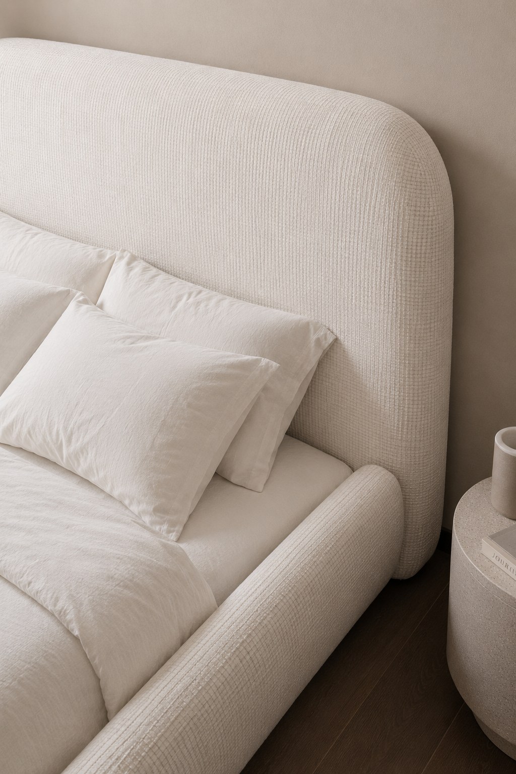 Asli Stone Ivory Fabric Bed with Rounded Corners Headboard - Image 2