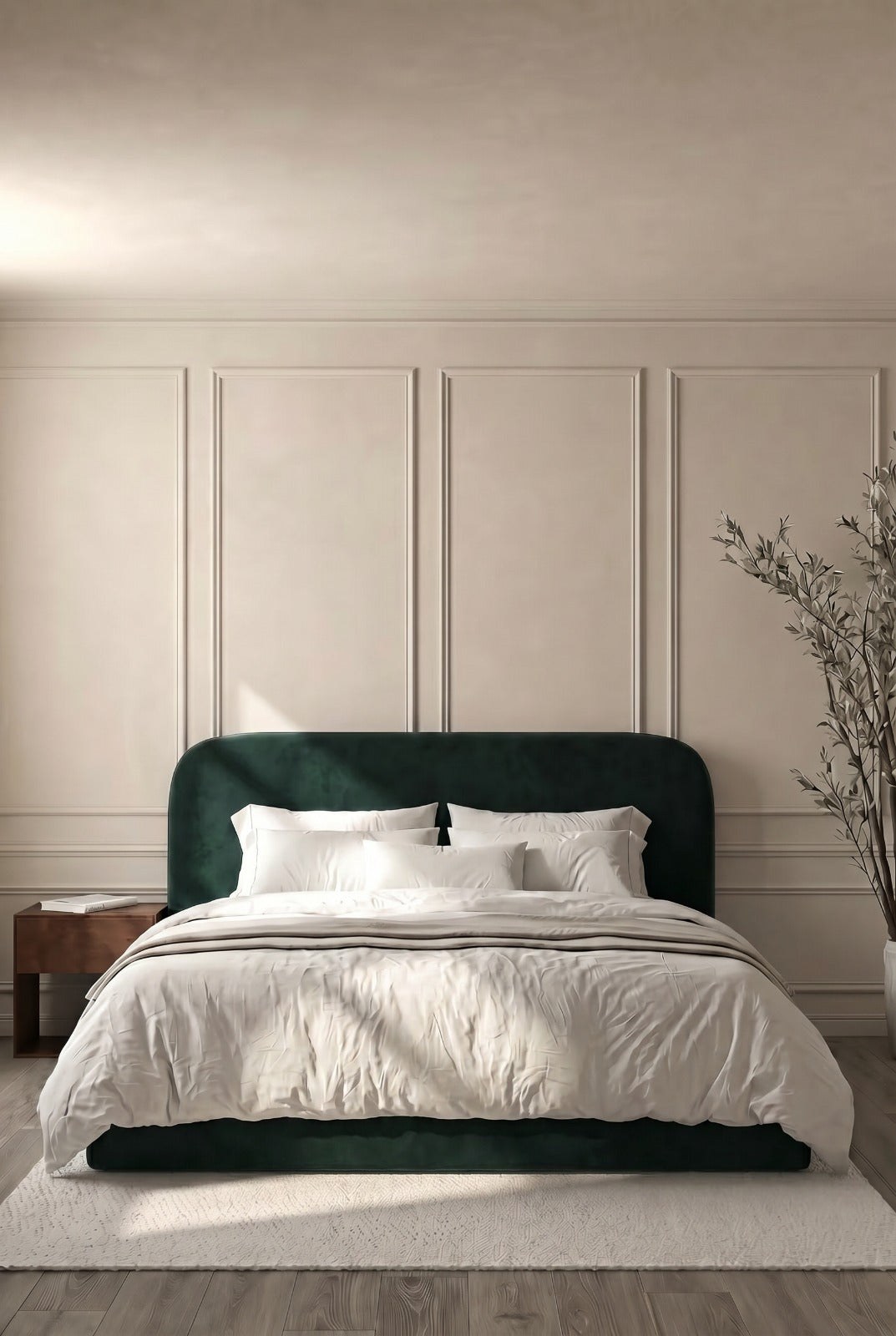Asli Green Fabric Bed with Rounded Corners Headboard