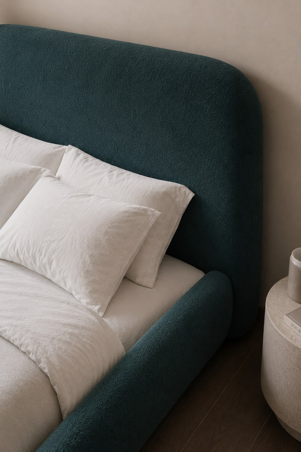 Asli Green Fabric Bed with Rounded Corners Headboard - Image 2