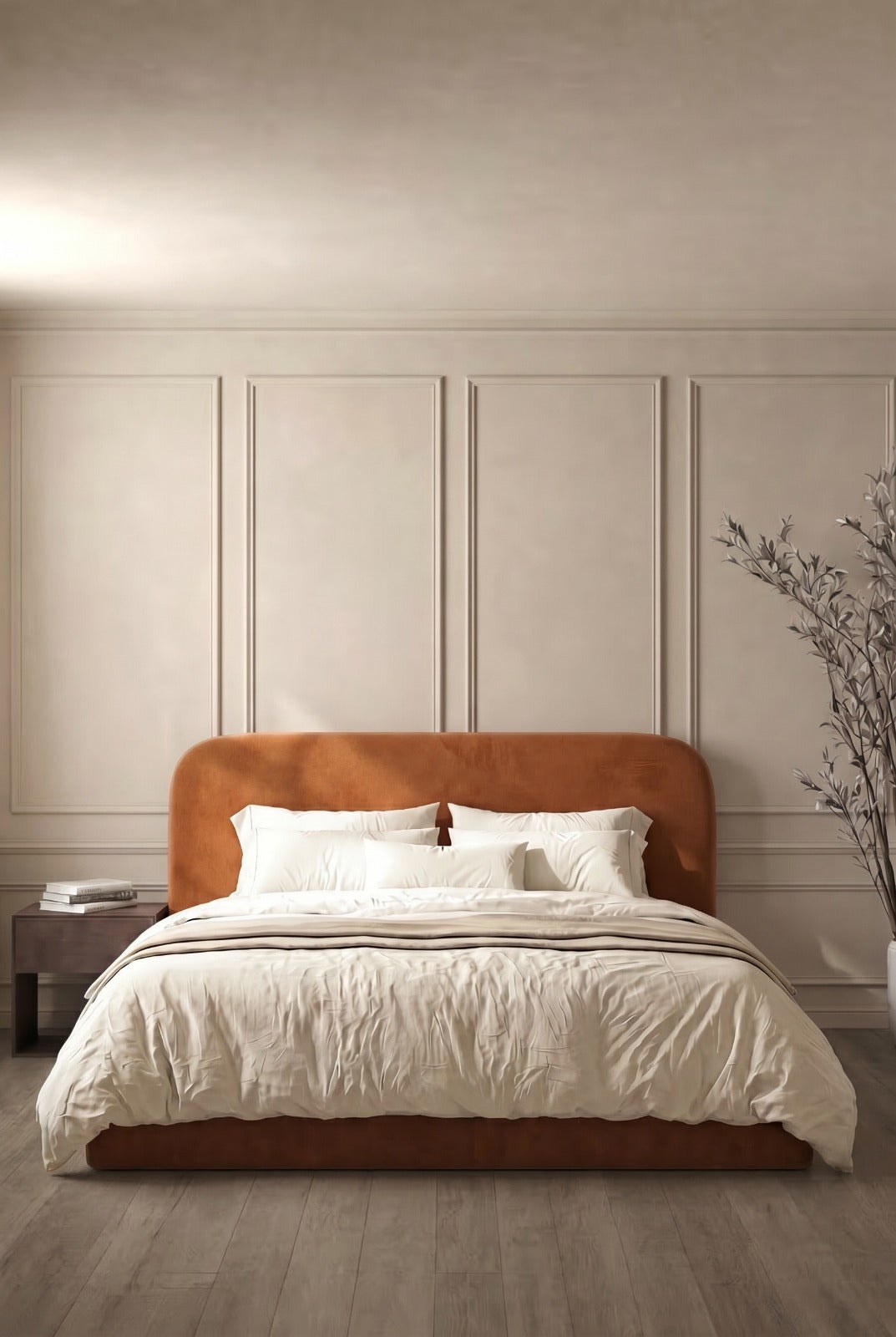 Asli Caramel Suede Fabric Bed with Rounded Corners Headboard
