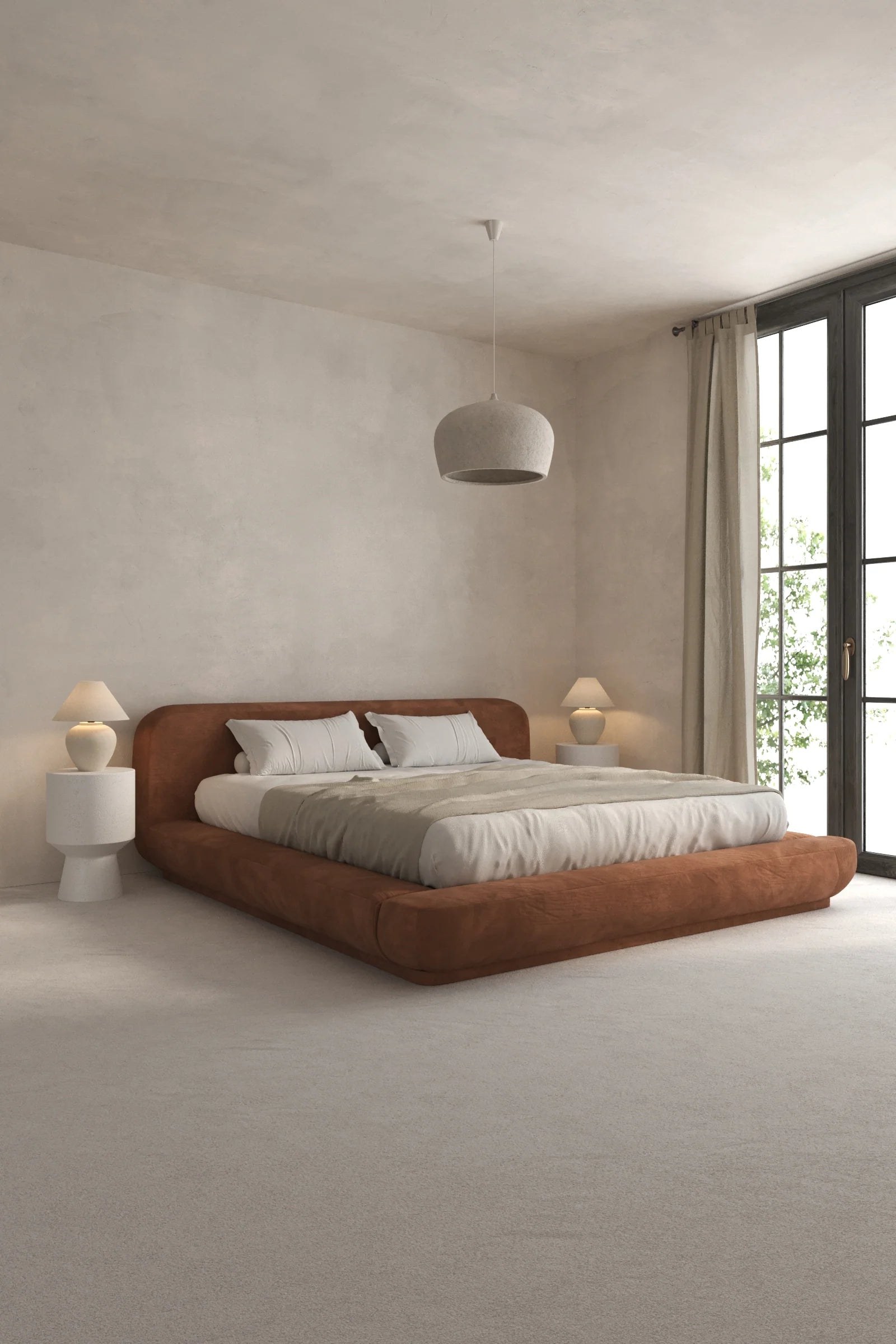 Edwina Caramel Suede Upholstered Platform Bed