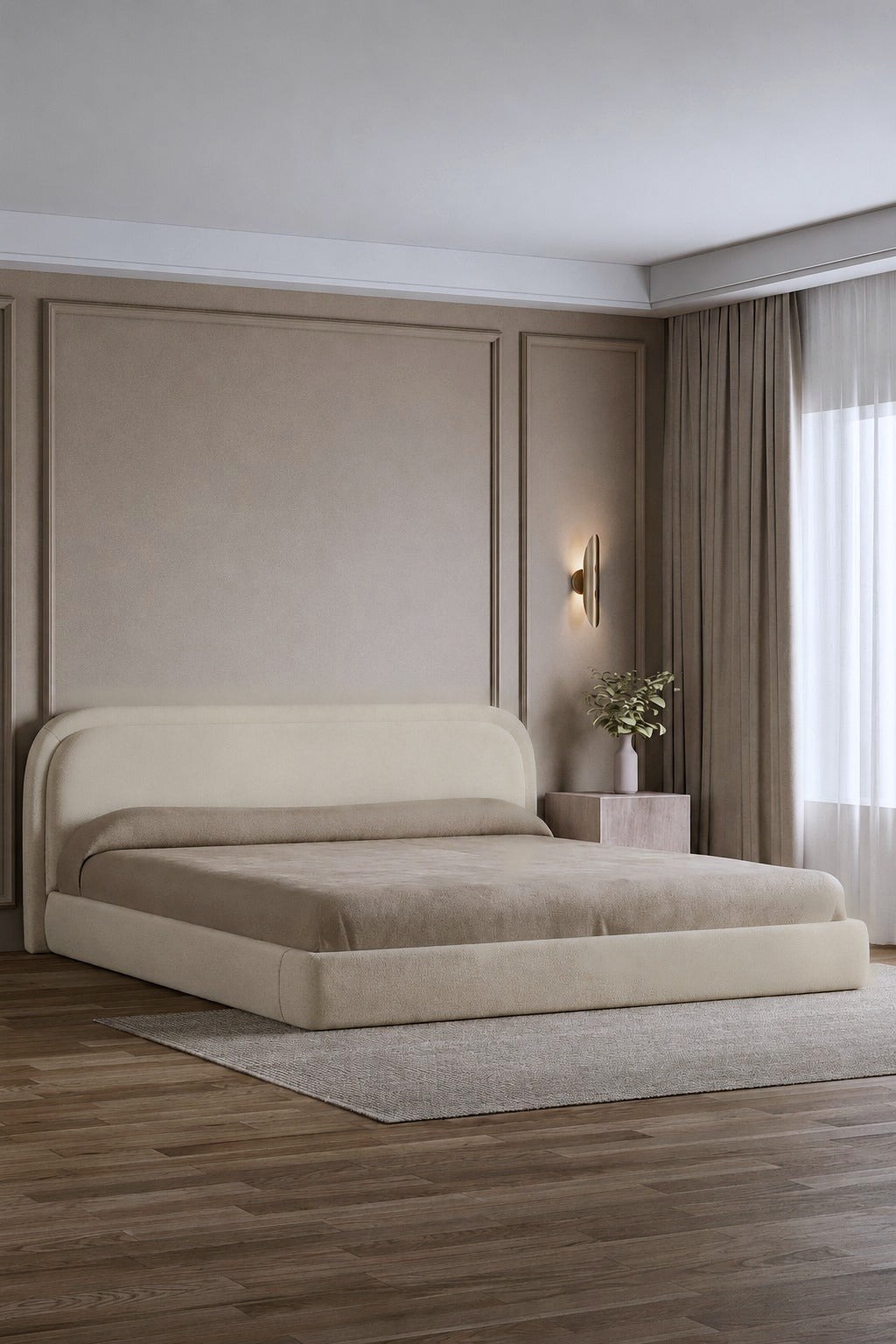 Caelia Beige Upholstered Platform Bed With Curved Headboard