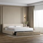 Lisandra Beige Upholstered Platform Storage Bed With Straight Headboard