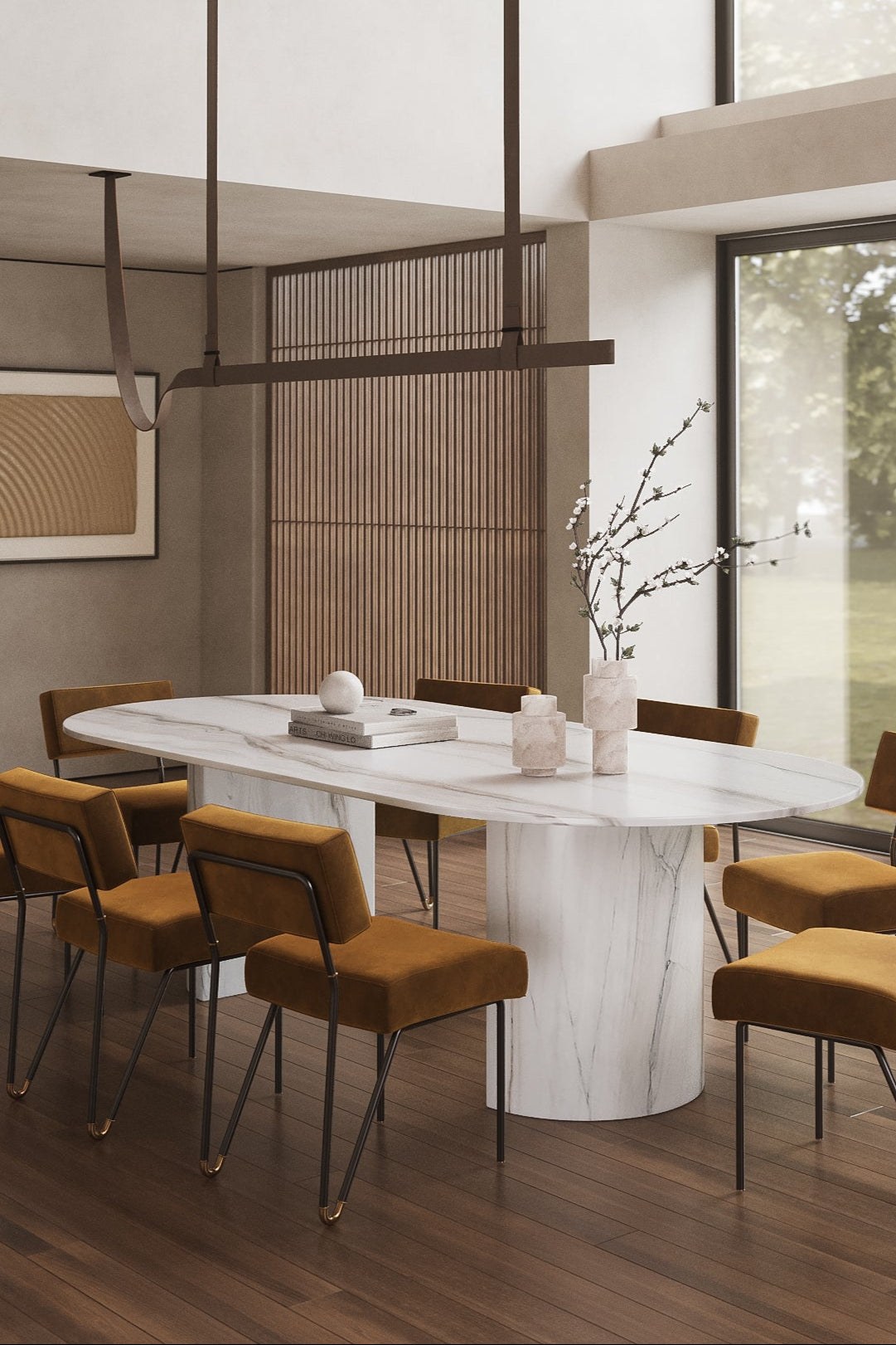 Dakota Bianco Lasa Italian Marble Dining Table with Half Moon Legs
