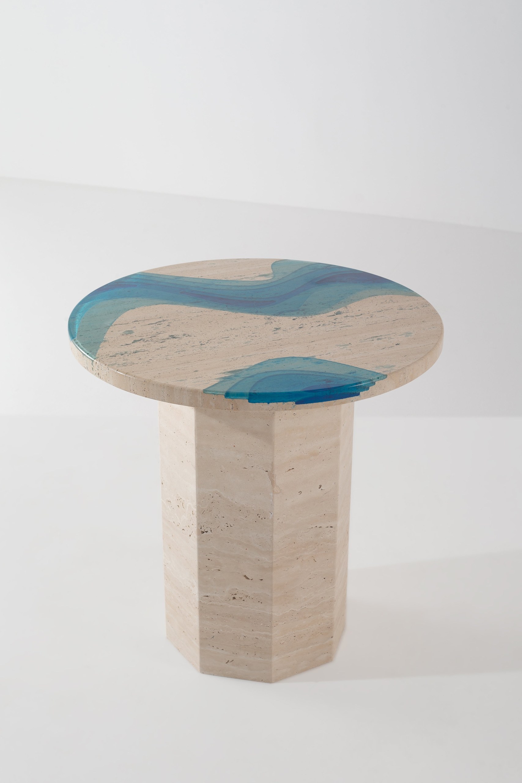 Lucasta Beige Travertine & Blue Resin Side Table - Image 3