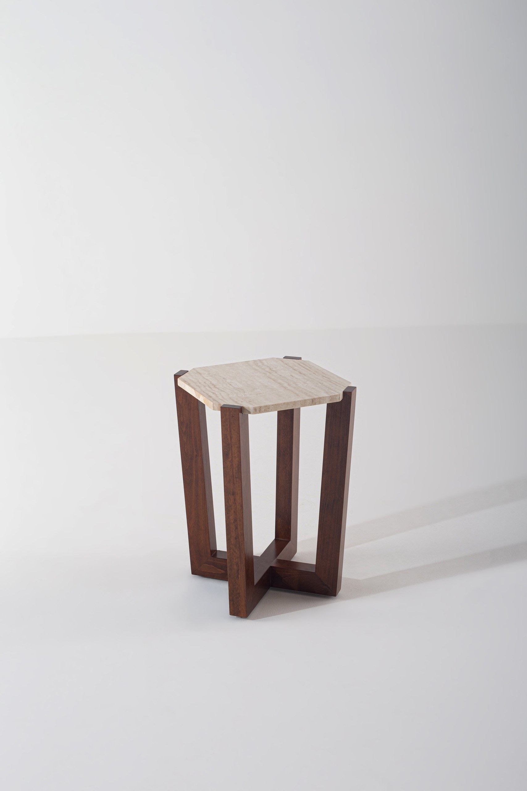 Rivena White Travertine Side Table With Wooden Base - Image 3